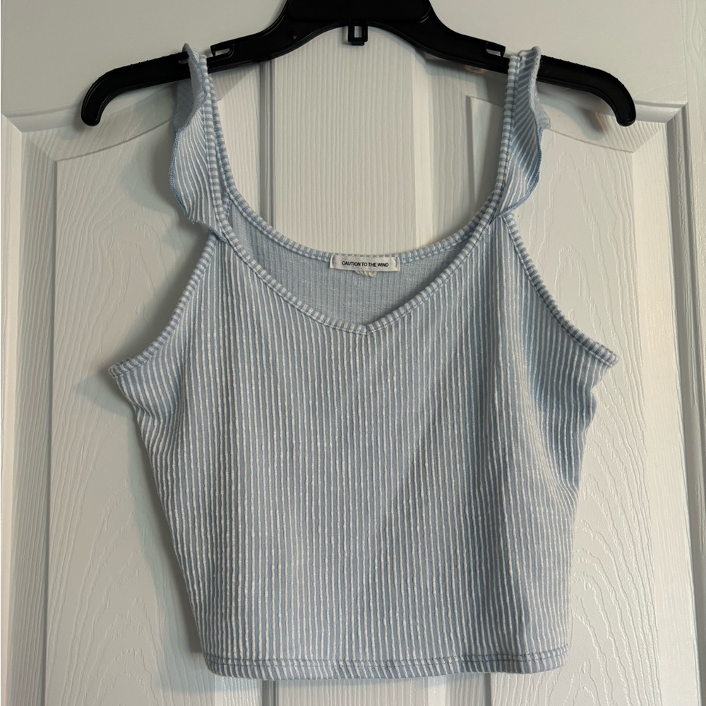 Caution To The Wind Blue Ribbed Sleeveless Crop Tank Top